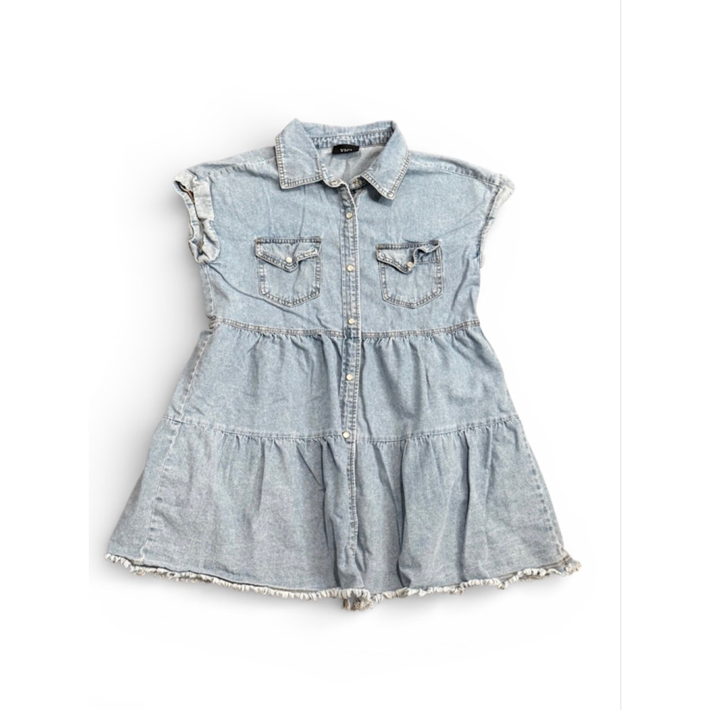 VICI Womens Chambray Denim Mini Dress Pearl Snap Front Ruffle Tiered Sz S - Picture 2 of 7